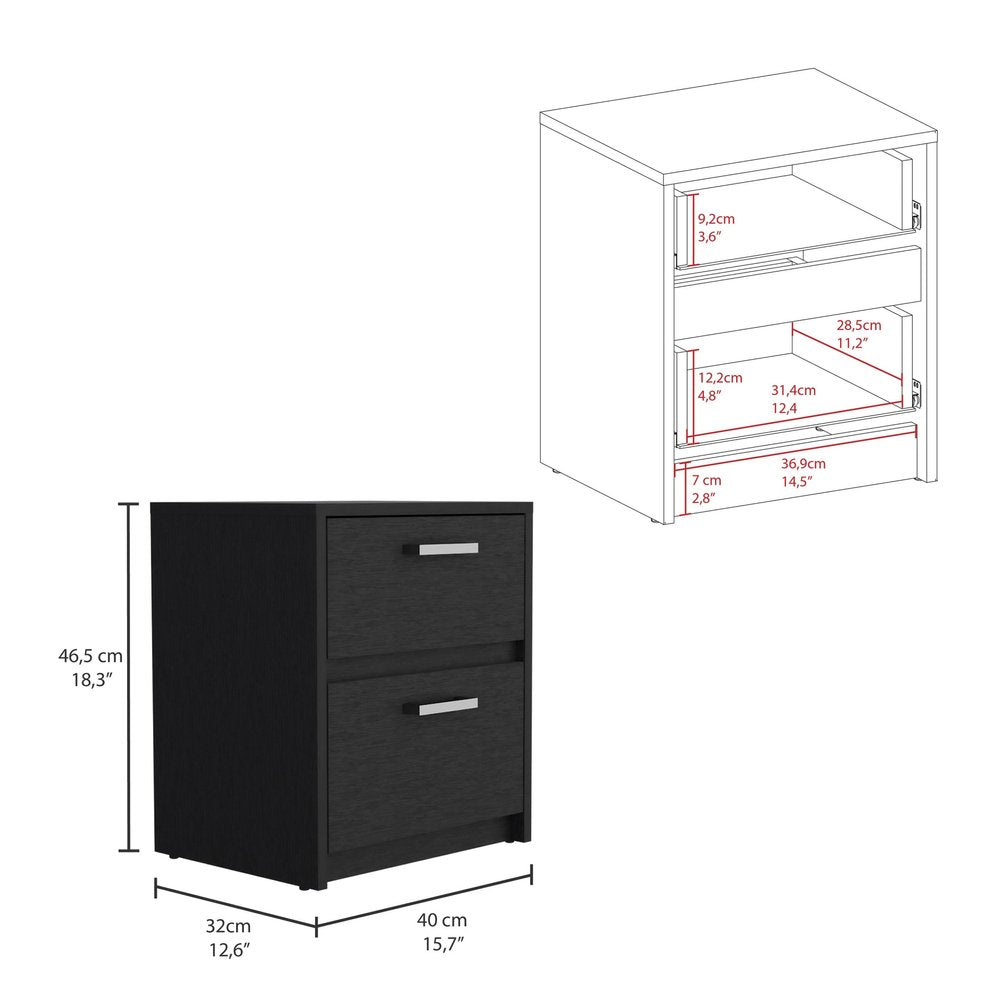 19" Black Wood Two Drawer Nightstand