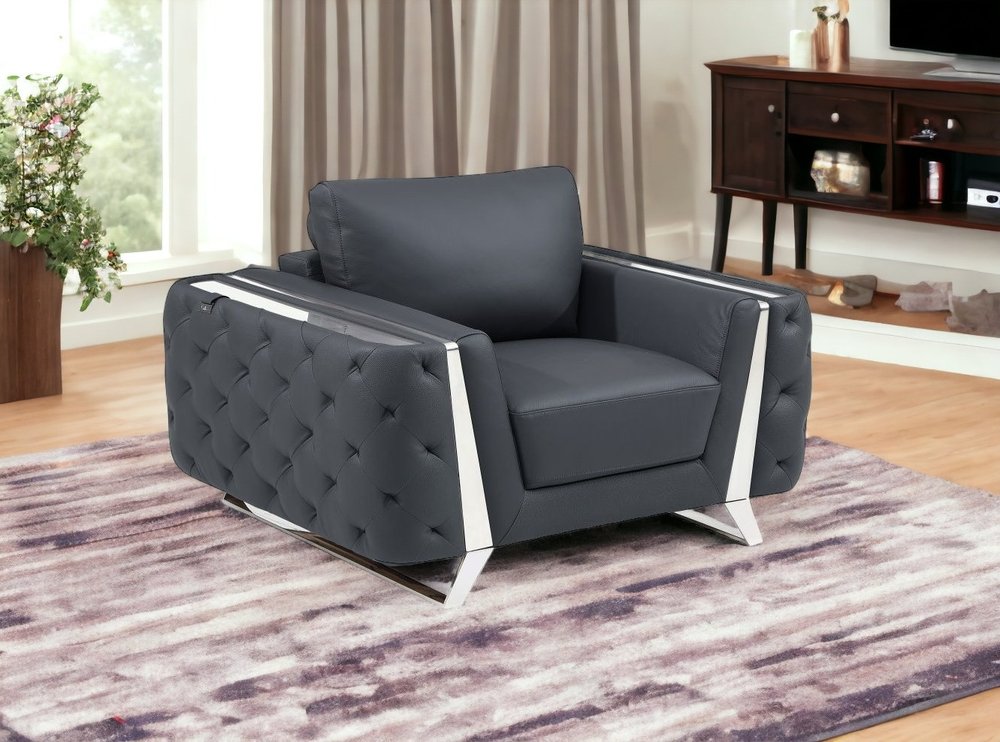 50" Dark Gray And Silver Faux Leather Tufted Club Chair
