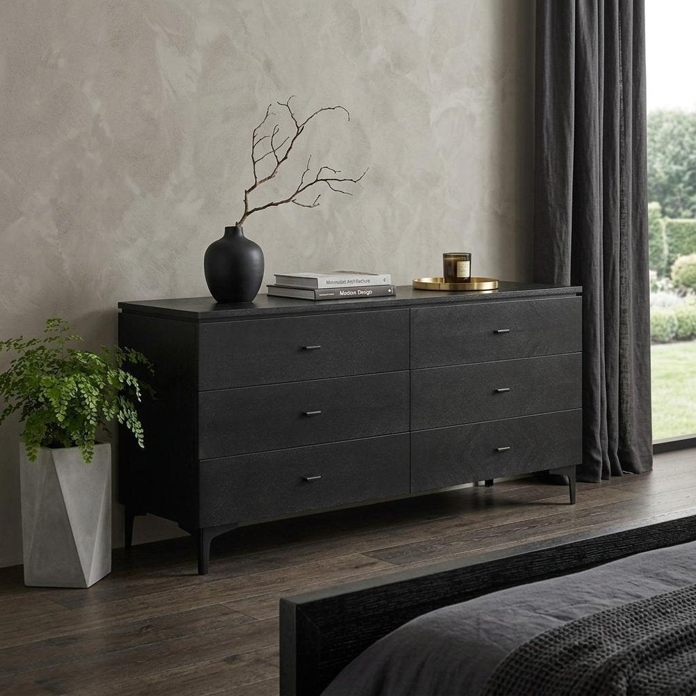 63" Black Wood Six Drawer Double Dresser
