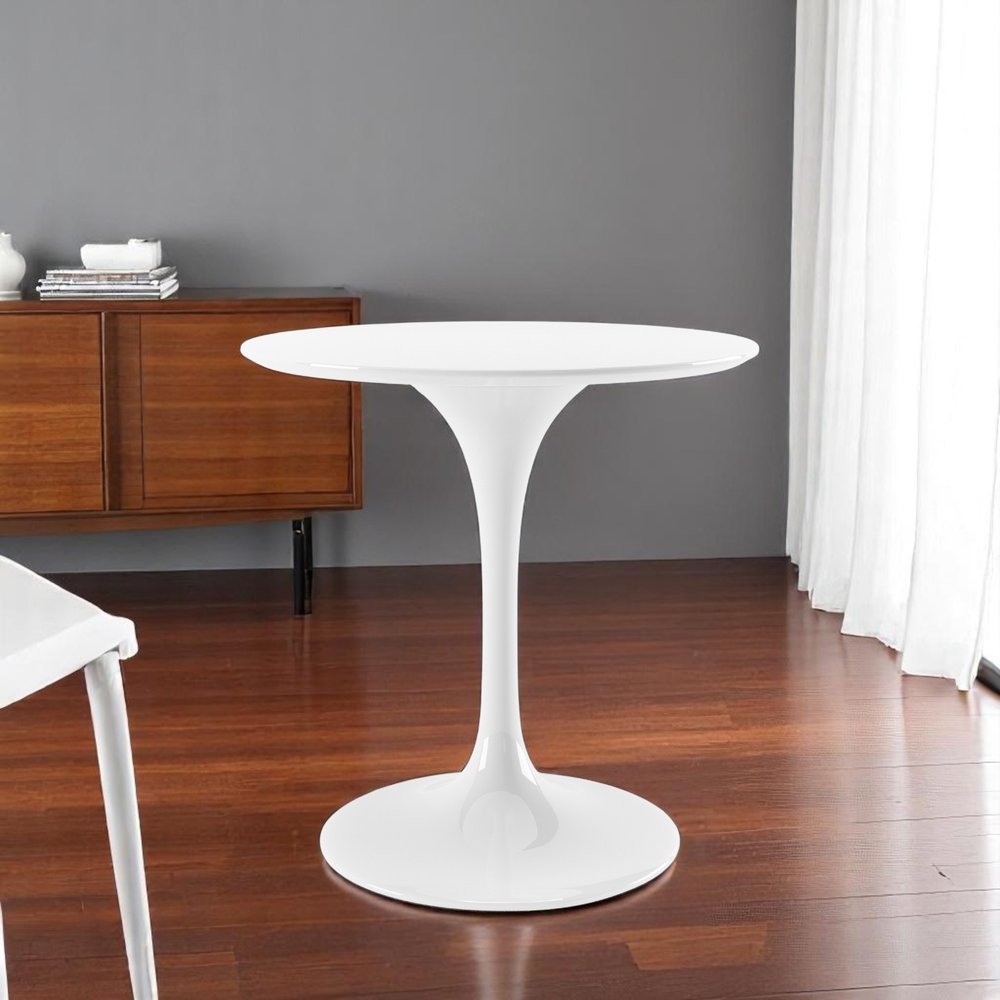 32" White Rounded Fiberglass And Metal Pedestal Base Dining Table
