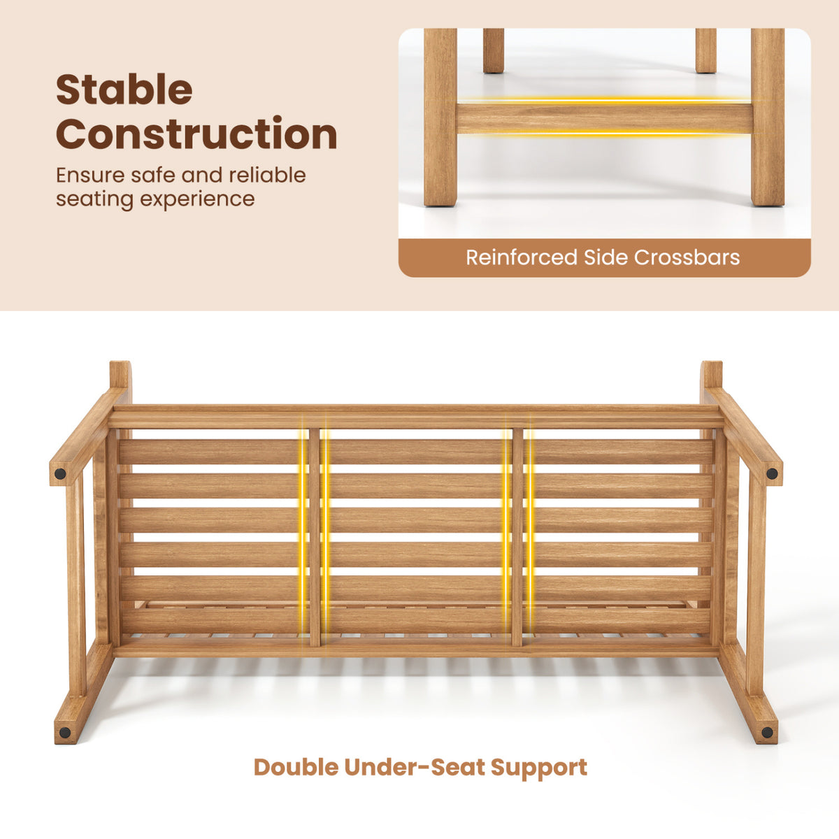 51/62inch Teak Outdoor Porch Bench 3-Seat Solid Wood Garden Patio Bench with Armrests-51 inch