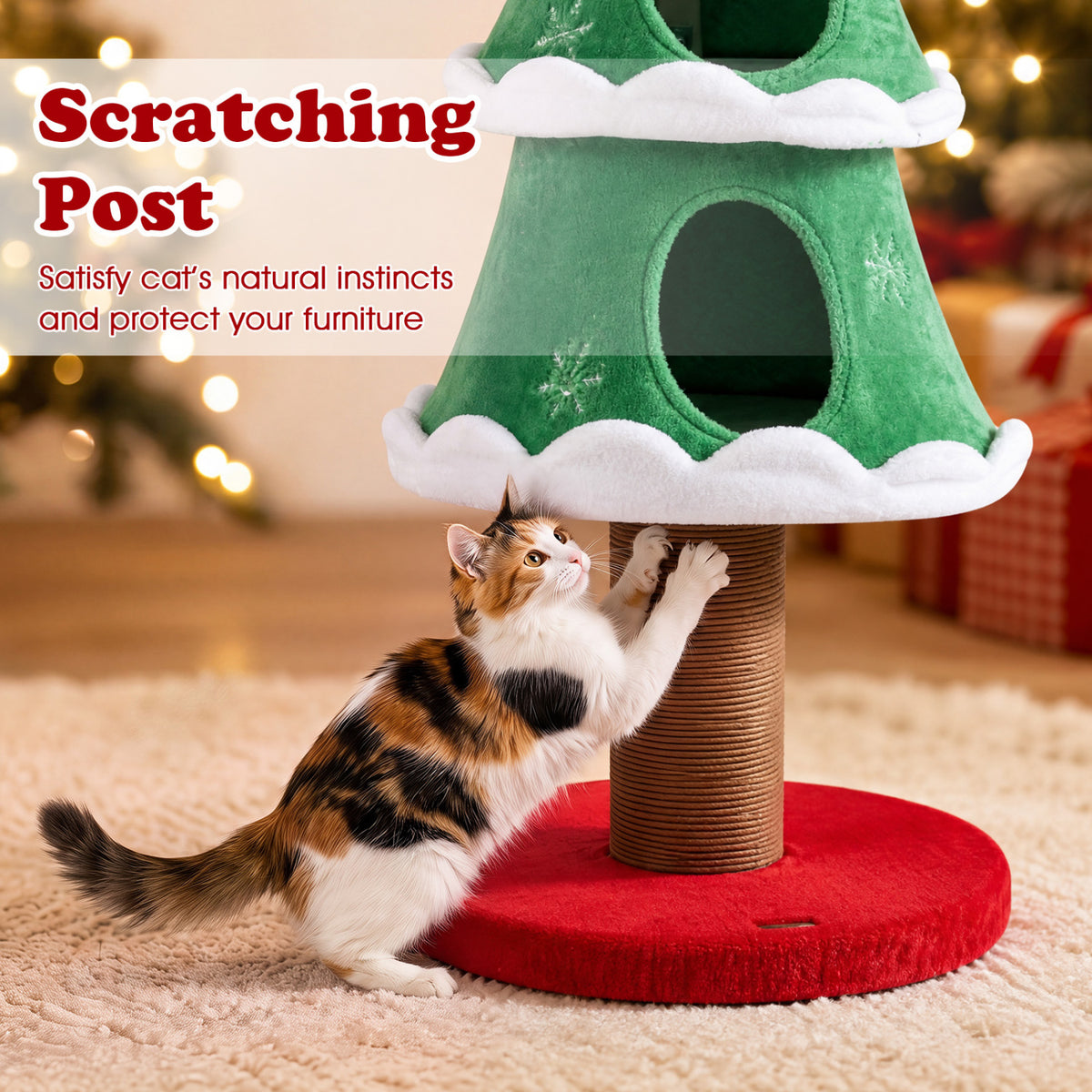 51" Christmas Cat Tree with 2 Cozy Condos and Scratching Post for Pets-Green
