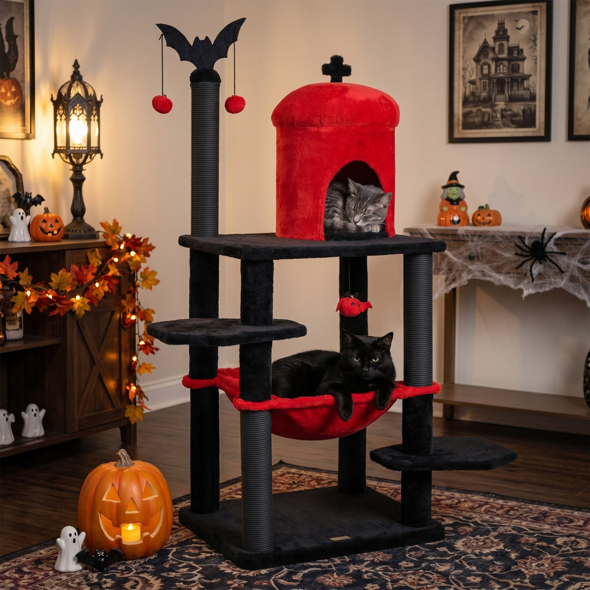 51†Gothic Multi-level Cat Tree with Spider Hanging Toy for Black Halloween-Red