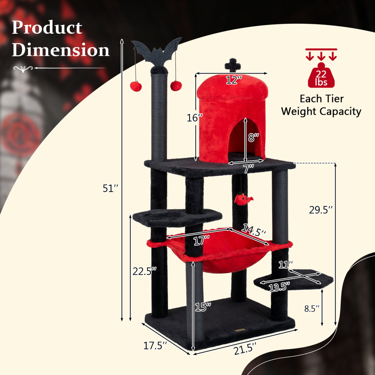 51†Gothic Multi-level Cat Tree with Spider Hanging Toy for Black Halloween-Red