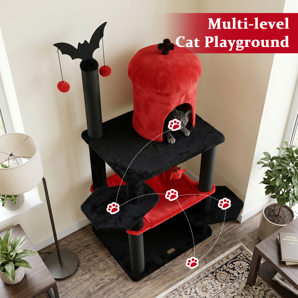 51†Gothic Multi-level Cat Tree with Spider Hanging Toy for Black Halloween-Red