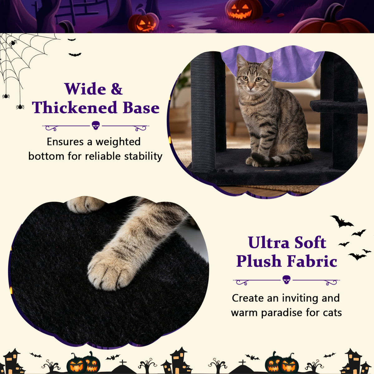 51†Gothic Multi-level Cat Tree with Spider Hanging Toy for Black Halloween-Purple