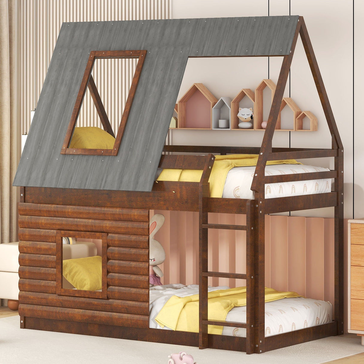 Wood Twin Size House Bunk Bed With Roof, Ladder And 2 Windows - Oak & Smoky Gray by Couch.com