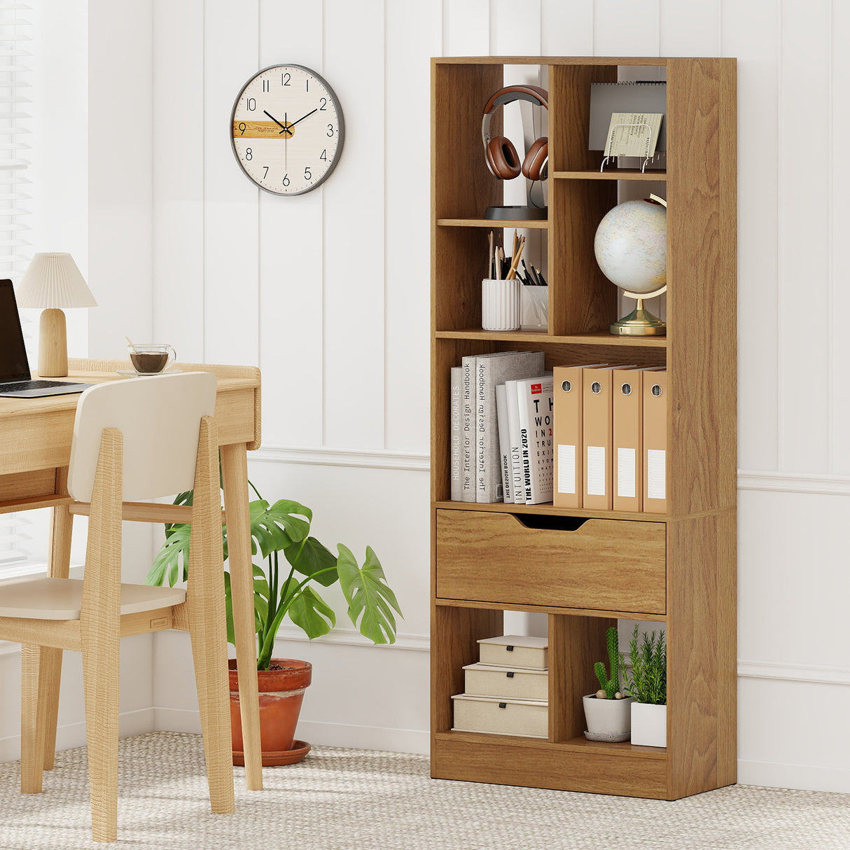 51inch Tall Freestanding Bookcase with Drawer 7-Cube Storage Organizer-Natural