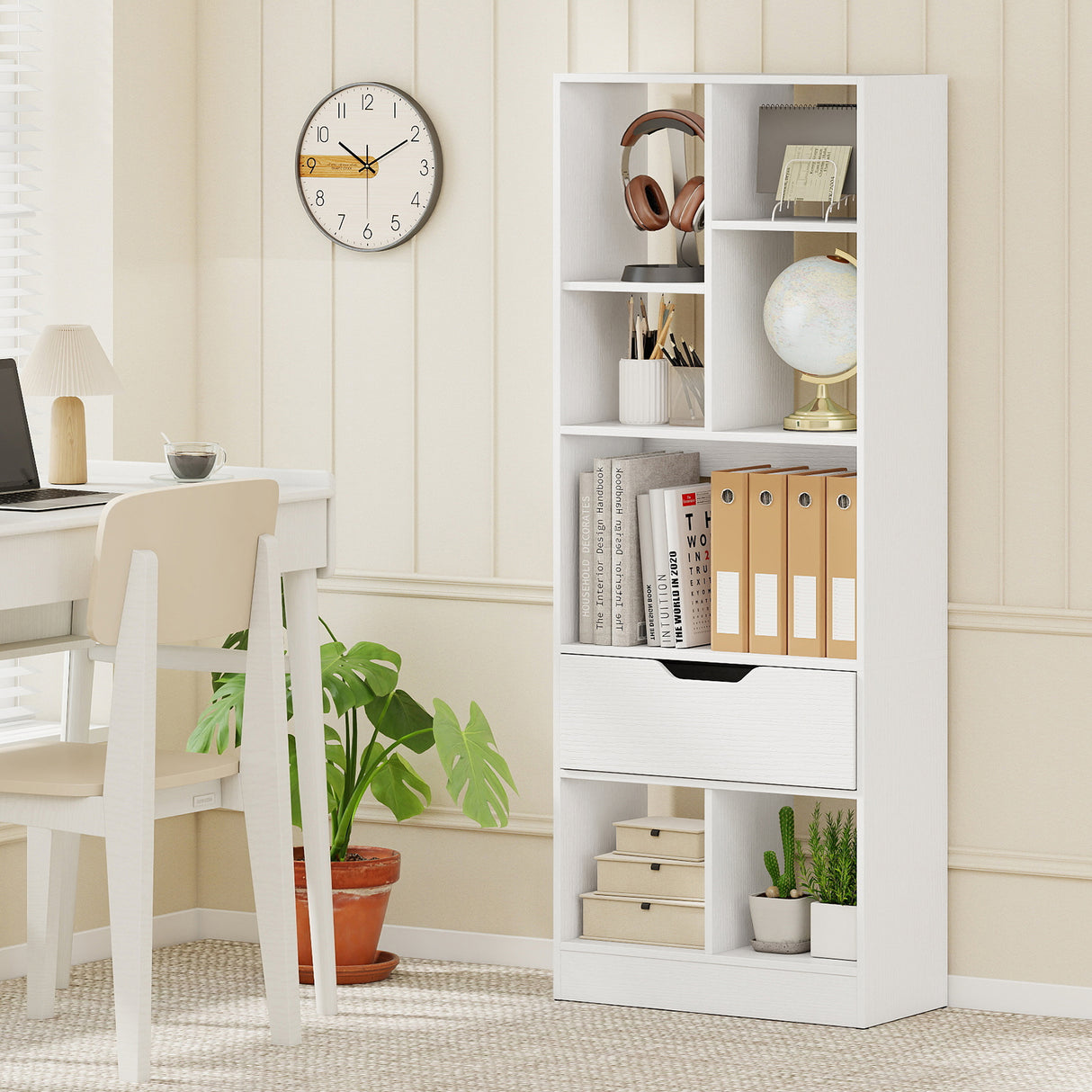 51inch Tall Freestanding Bookcase with Drawer 7-Cube Storage Organizer-White