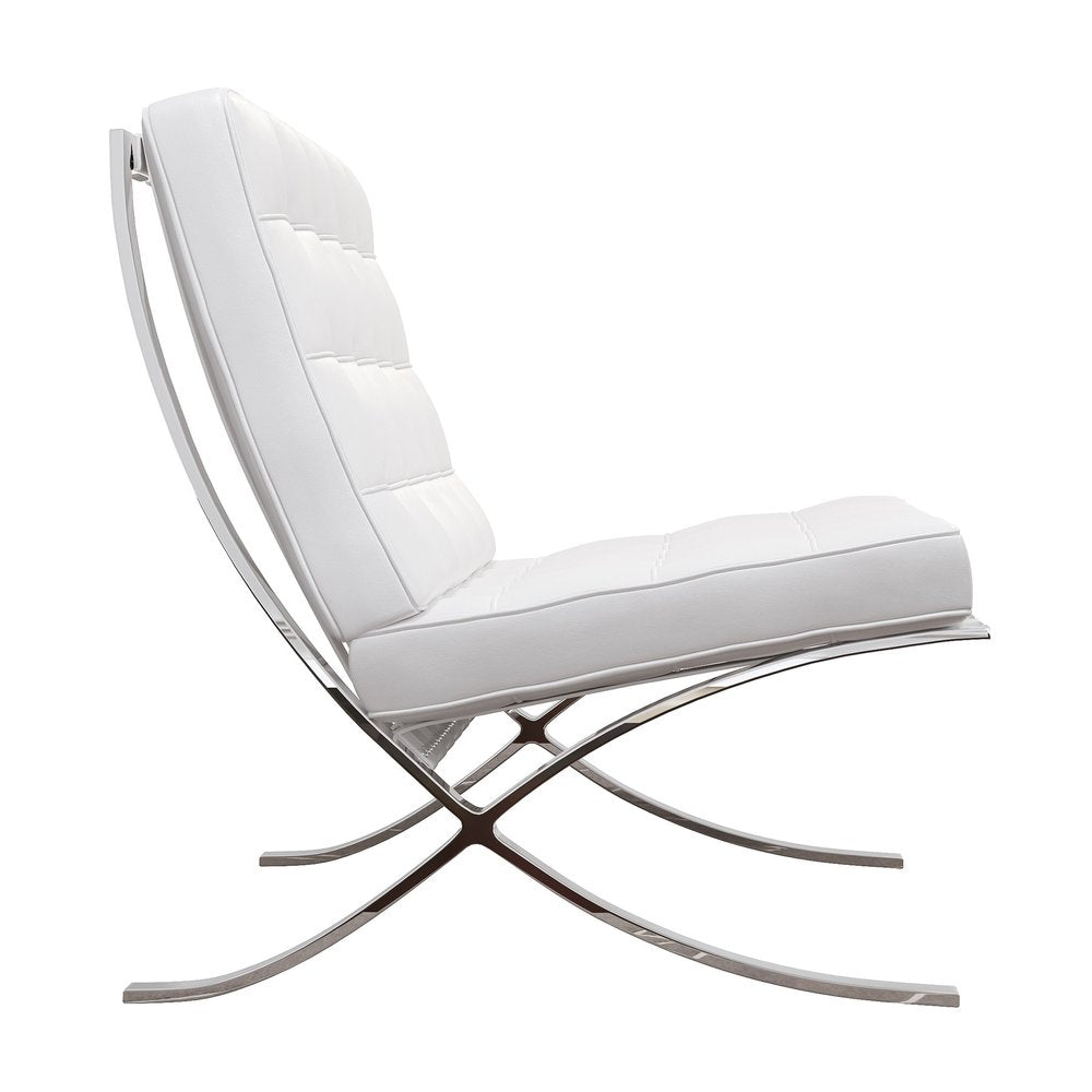 32" White and Silver Italian Leather Tufted Lounge Chair