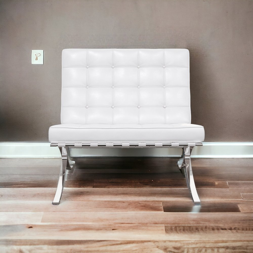 32" White and Silver Italian Leather Tufted Lounge Chair