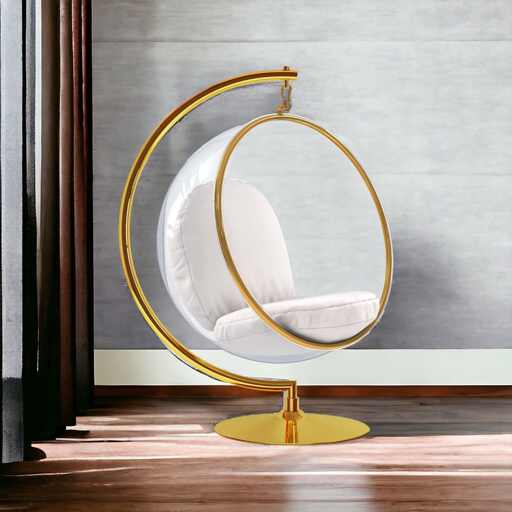 42" White and Gold Faux Leather Balloon Chair