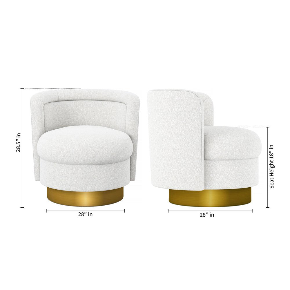 28" White and Gold Boucle Swivel Barrel Chair