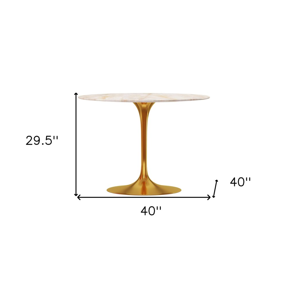 40" White And Gold Rounded Stone And Metal Pedestal Base Dining Table