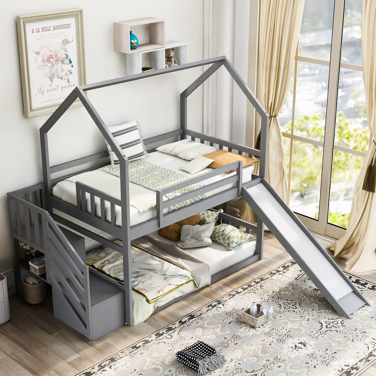Twin Over Twin House Bunk Bed With Convertible Slide, Storage Staircase by Couch.com