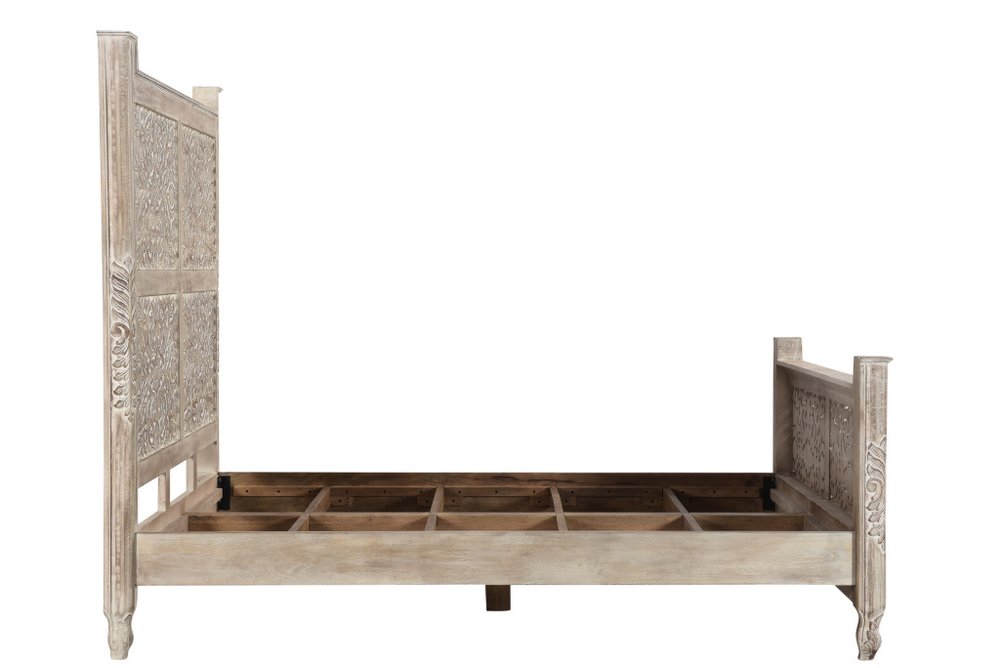 Gray Carved Floral Solid Wood King Bed Frame