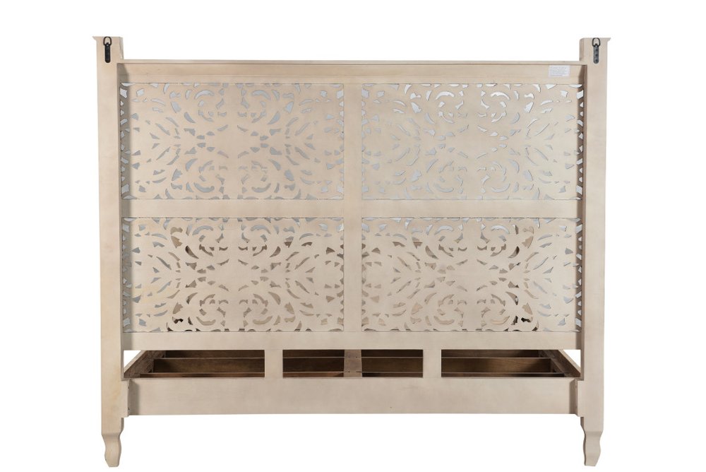 Gray Carved Floral Solid Wood King Bed Frame