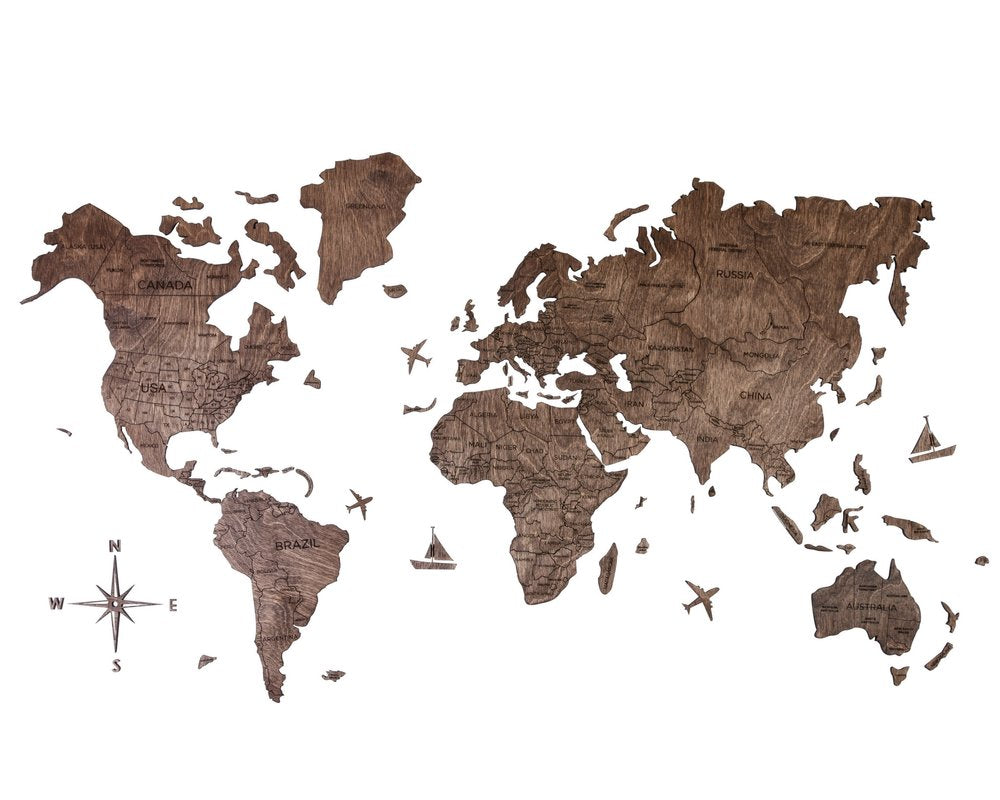 47" X 79" Dark Brown Wood World Map Hanging Dimensional Sculpture