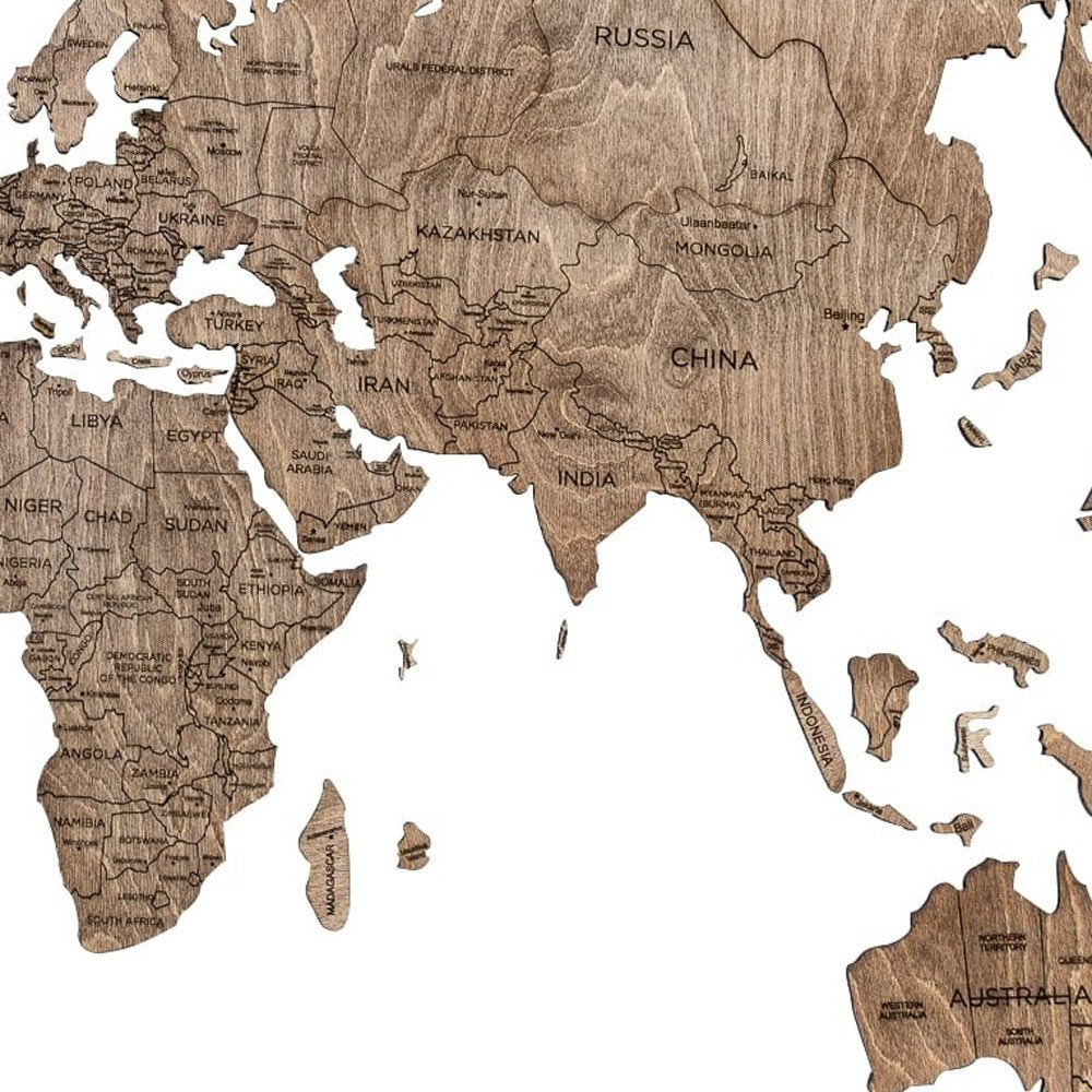24" X 39" Brown Wood World Map Hanging Dimensional Sculpture
