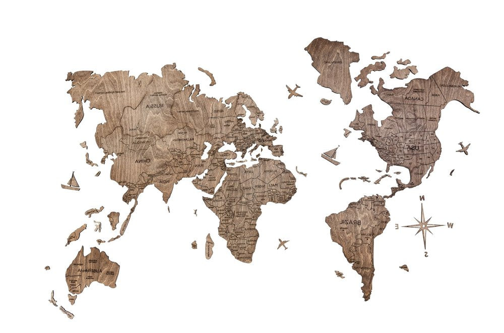 24" X 39" Brown Wood World Map Hanging Dimensional Sculpture