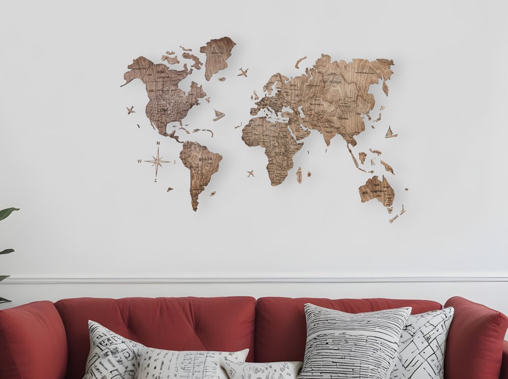 24" X 39" Brown Wood World Map Hanging Dimensional Sculpture