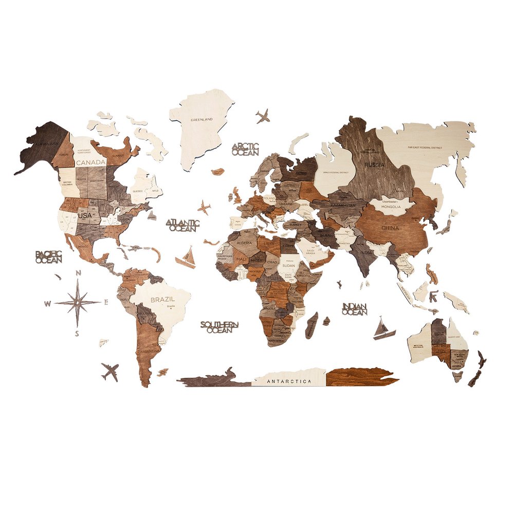 47" X 79" Brown and Beige Wood World Map Hanging Dimensional Sculpture