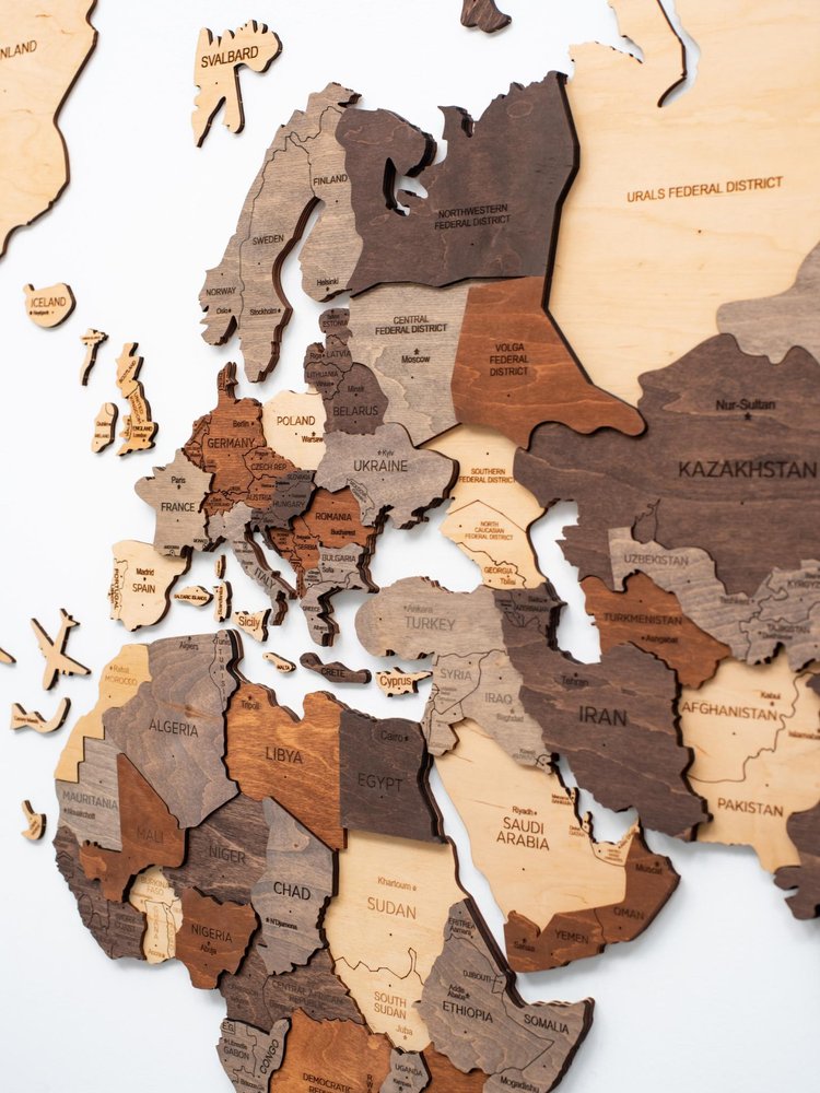 47" X 79" Brown and Beige Wood World Map Hanging Dimensional Sculpture