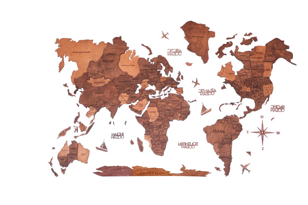 47" X 79" Brown and Tan Wood World Map Hanging Dimensional Sculpture