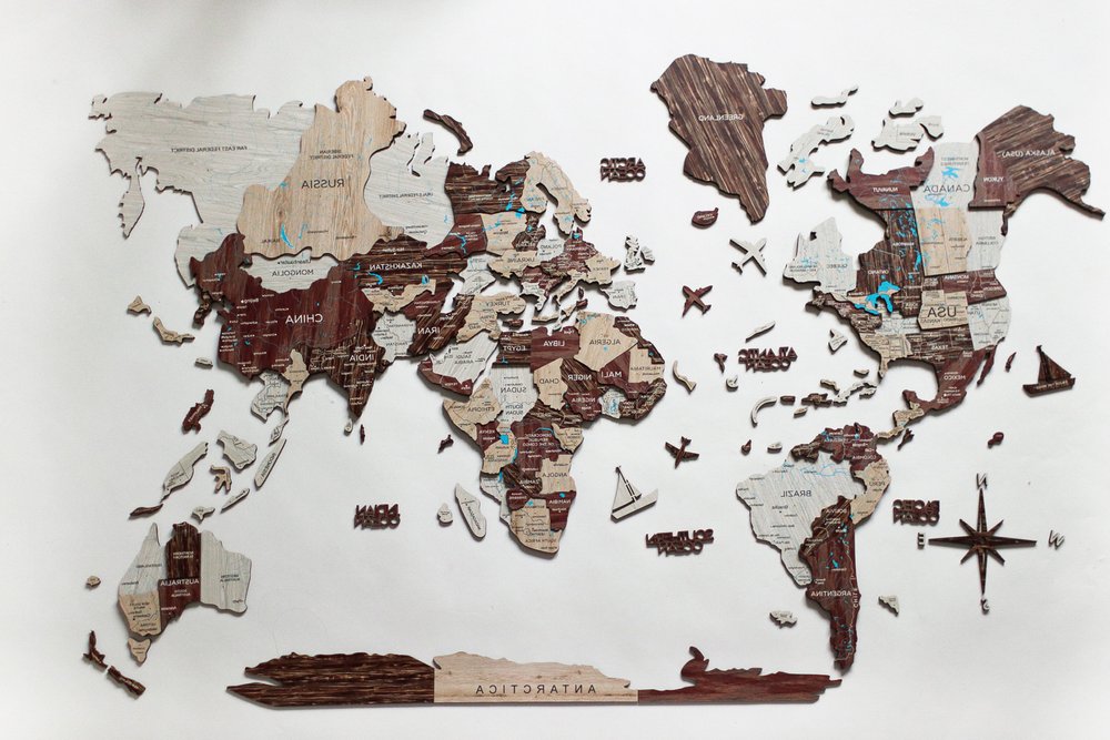 24" X 39" Brown and Beige Wood World Map Hanging Dimensional Sculpture