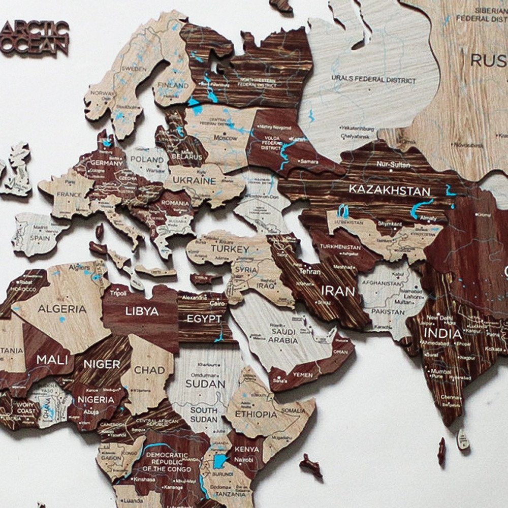 47" X 79" Brown and Beige Wood World Map Hanging Dimensional Sculpture