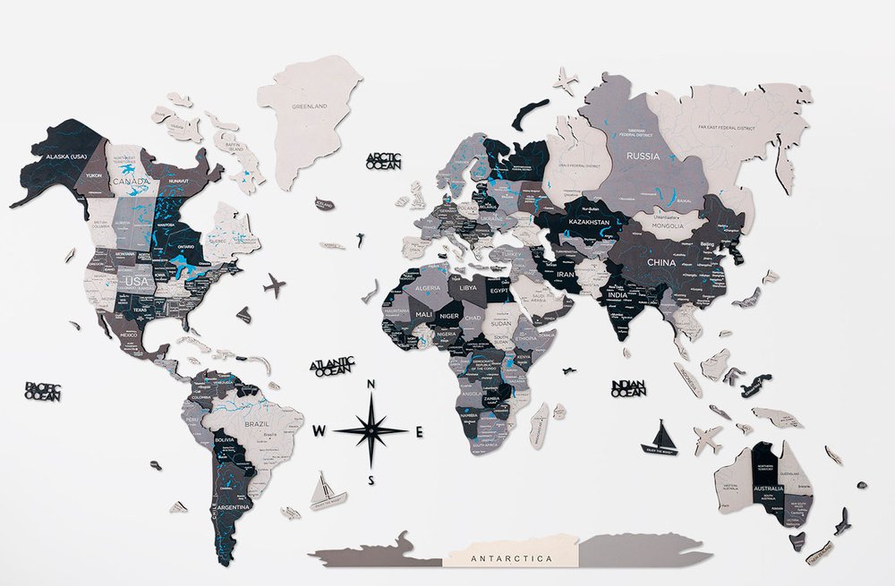 24" X 39" Black Gray and White Wood World Map Hanging Dimensional Sculpture