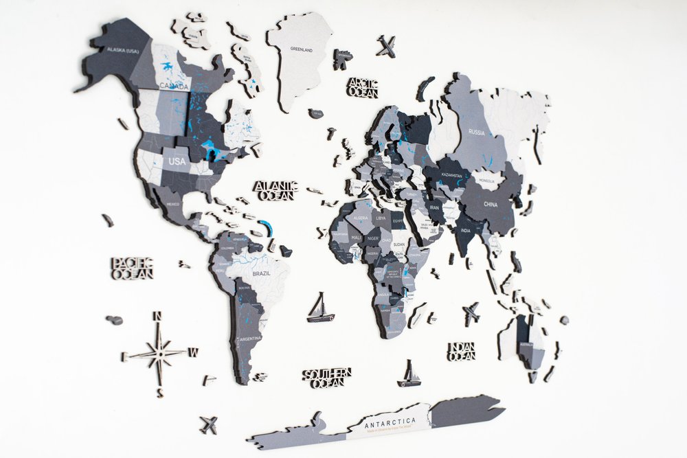 24" X 39" Black Gray and White Wood World Map Hanging Dimensional Sculpture