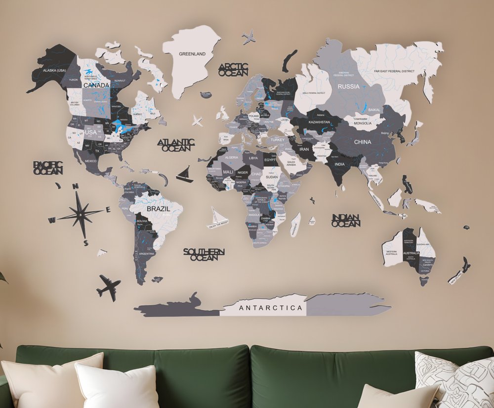 47" X 79" Black Gray and White Wood World Map Hanging Dimensional Sculpture