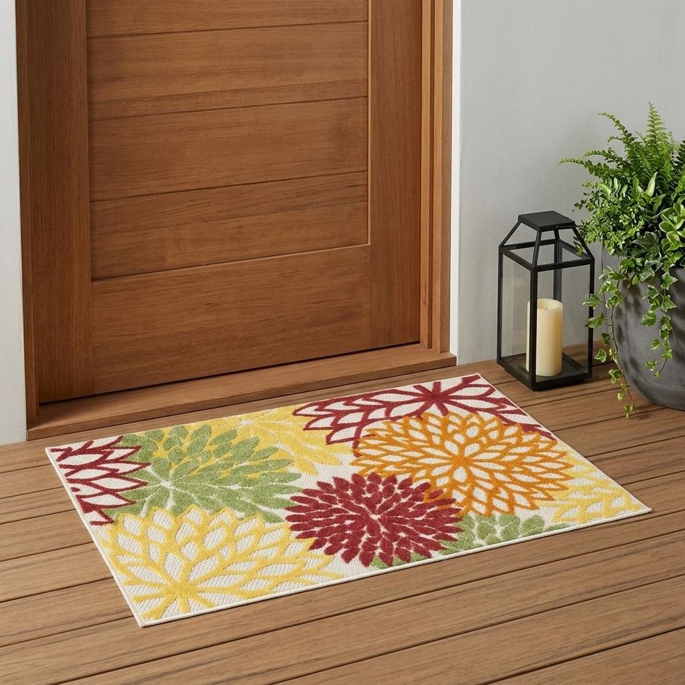 3' X 5' Green Orange and Red Indoor Outdoor Area Rug