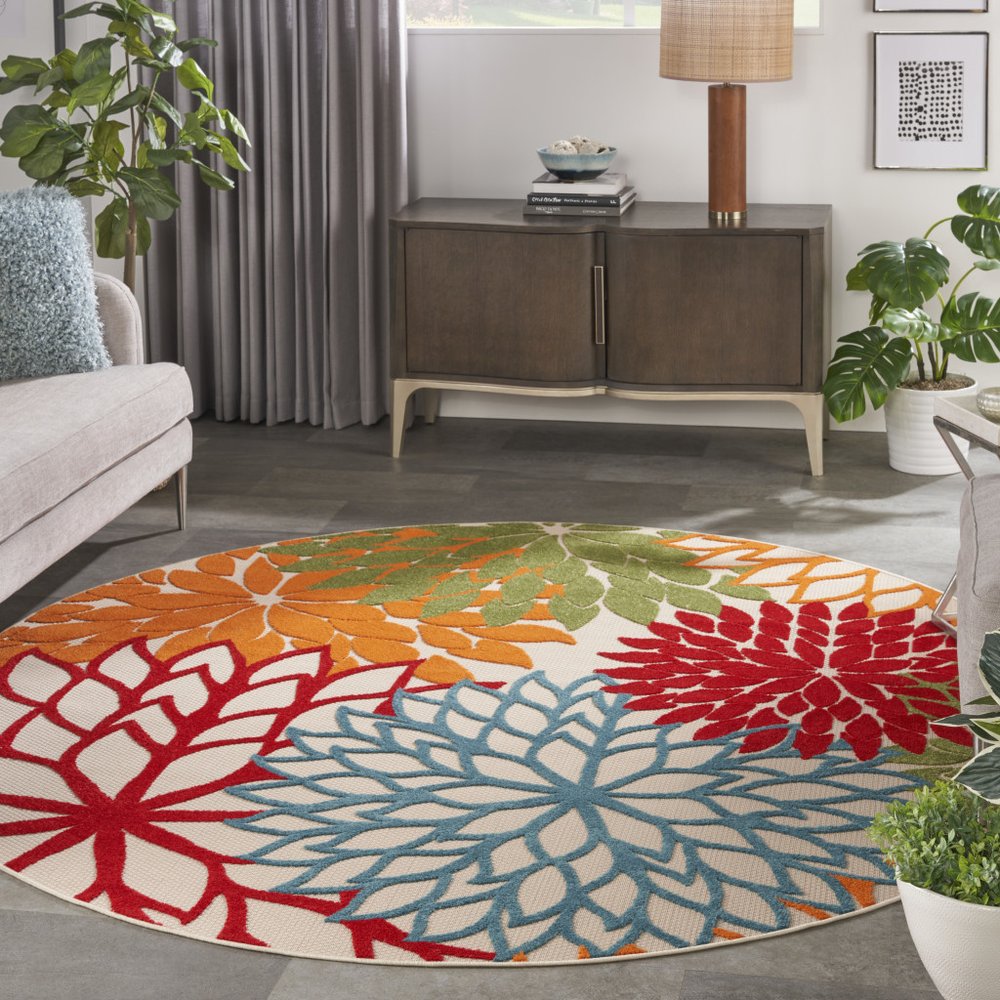 10' Green Orange And Red Round Indoor Outdoor Area Rug