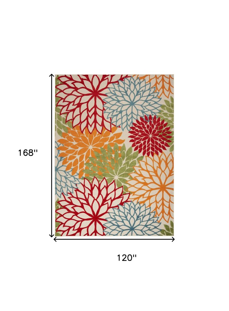 10' X 14' Green Orange And Red Indoor Outdoor Area Rug