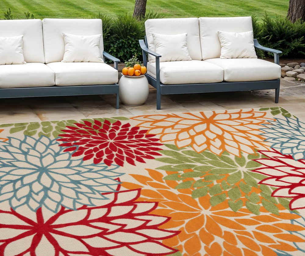 10' X 14' Green Orange And Red Indoor Outdoor Area Rug