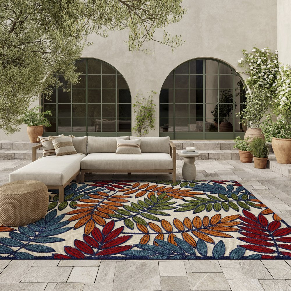 12' X 15' Ivory Blue And Orange Indoor Outdoor Area Rug