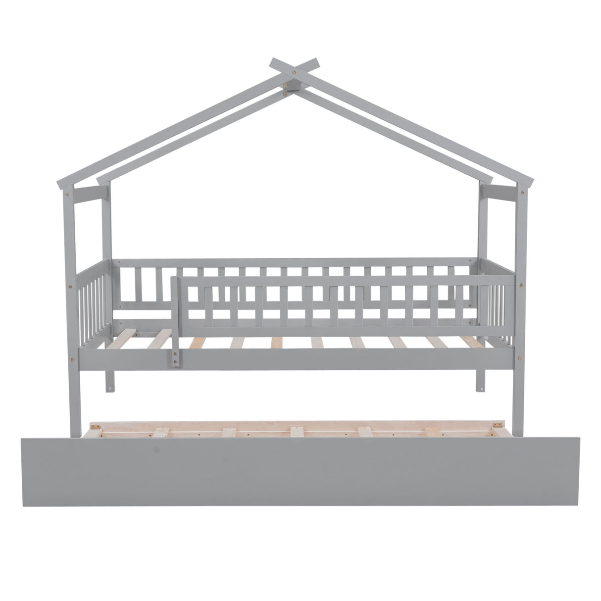 The Creativity House Bed with Twin Size Trundle features a grey, playhouse-inspired wooden frame with a railing and a trundle drawer, perfect for a child's room.