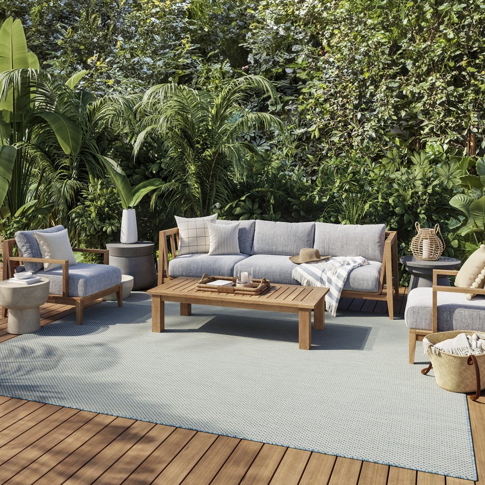 8' X 10' Aqua And Ivory Indoor Outdoor Area Rug