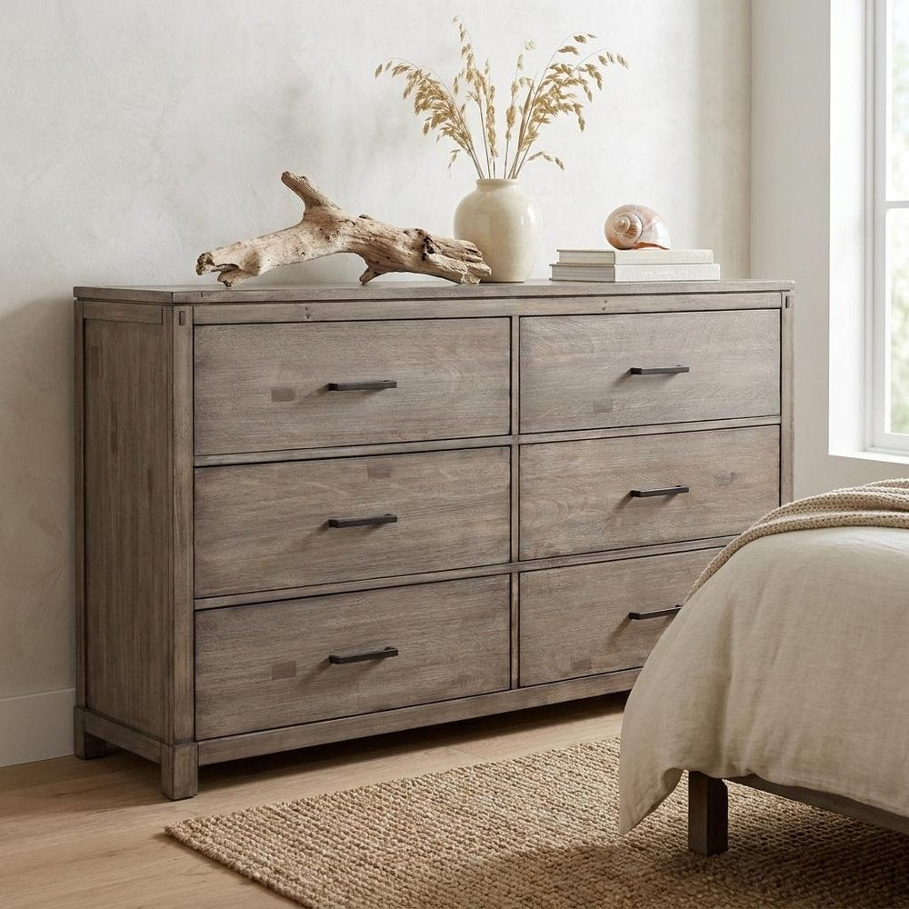 60" Gray Solid Wood Six Drawer Double Dresser