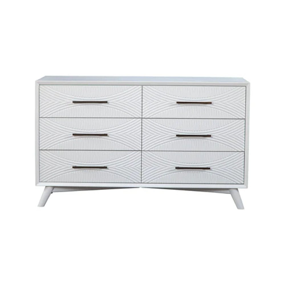 56" White Carved Geometric Solid Wood Six Drawer Double Dresser