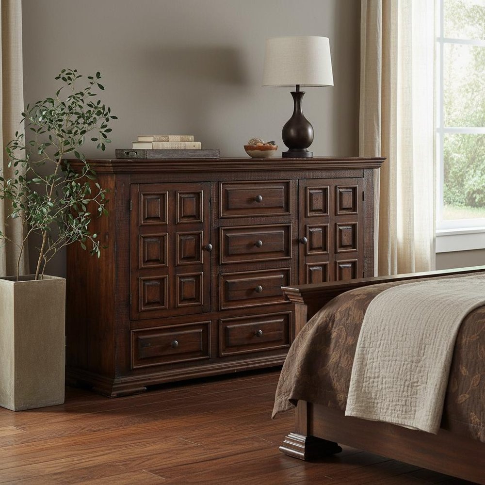 50" Chocolate Carved Geometric Solid Wood Six Drawer Triple Dresser