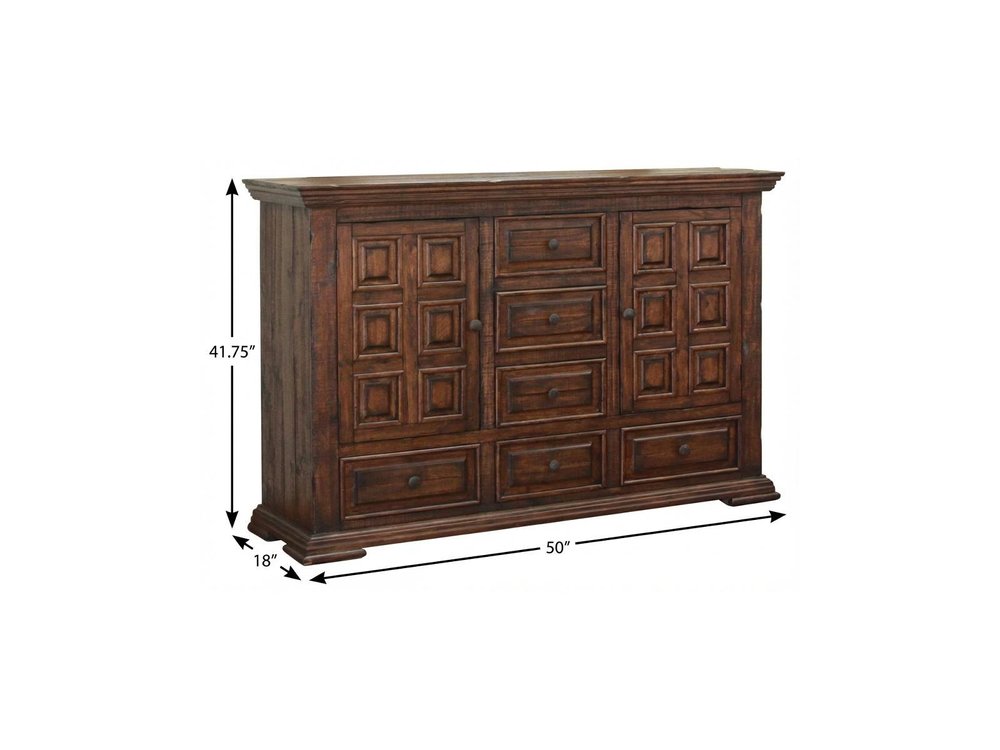 50" Chocolate Carved Geometric Solid Wood Six Drawer Triple Dresser