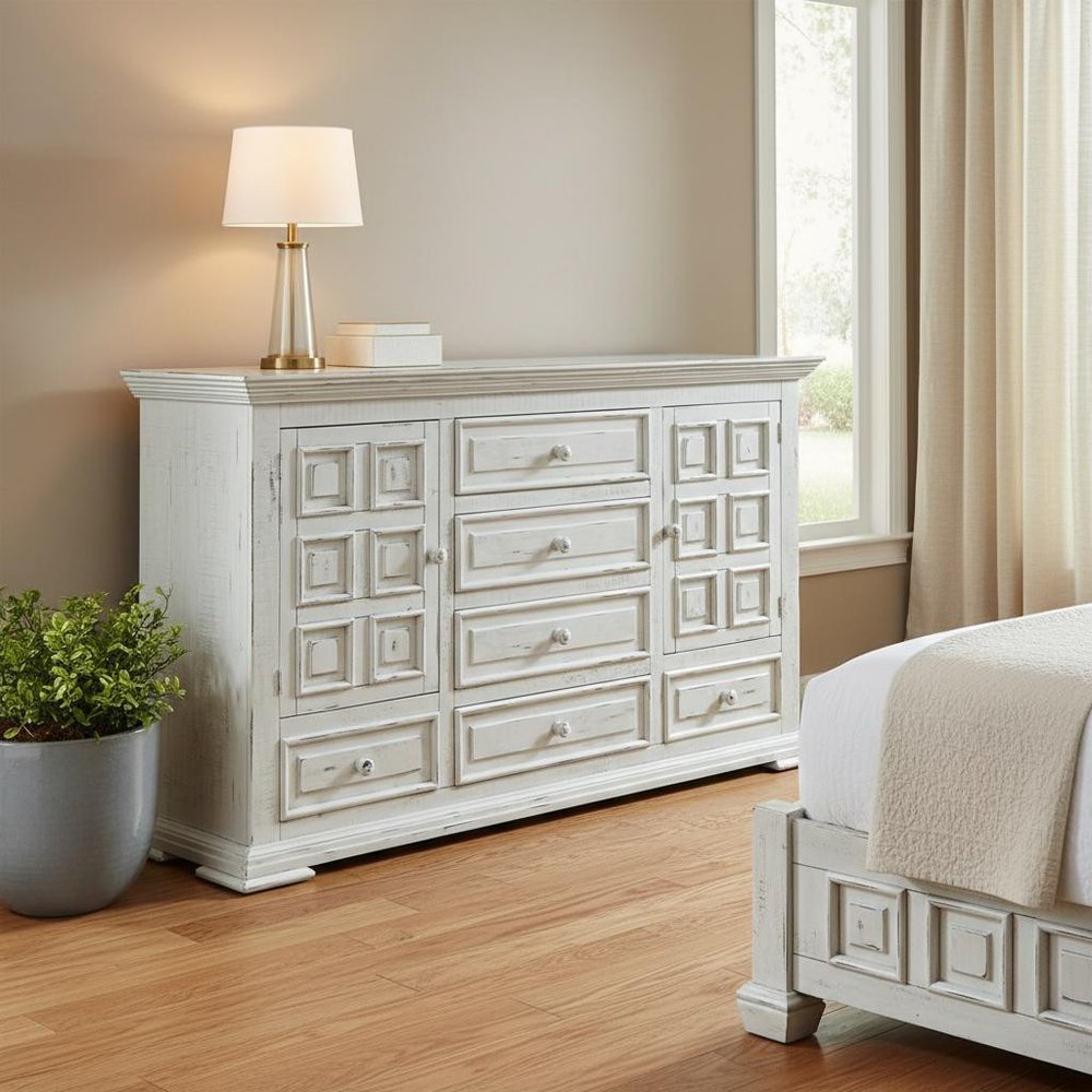 69" White Solid Wood Six Drawer Triple Dresser