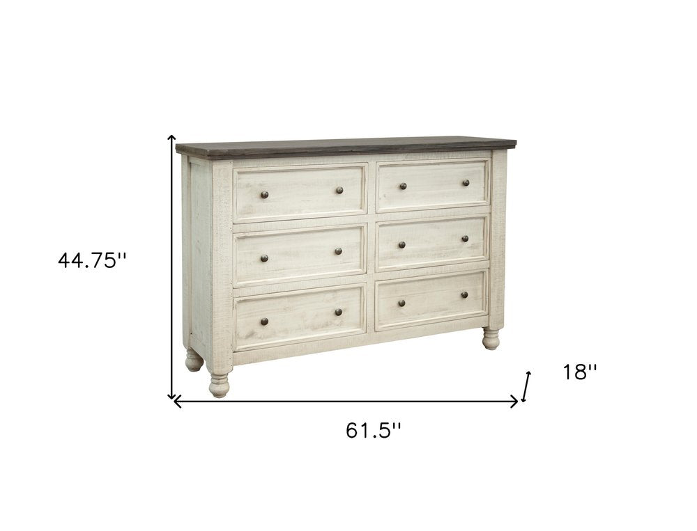 62" Gray And Ivory Solid Wood Six Drawer Double Dresser