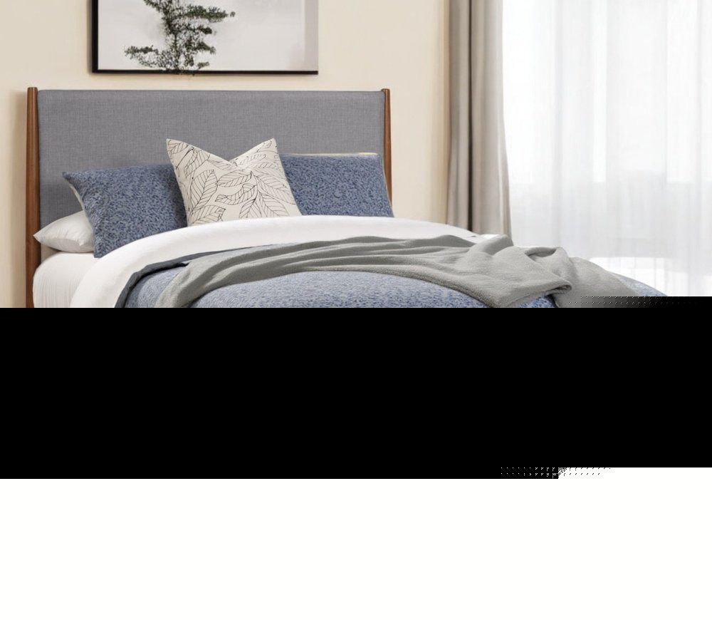 Brown and Gray Solid Wood And Linen Queen Bed Frame