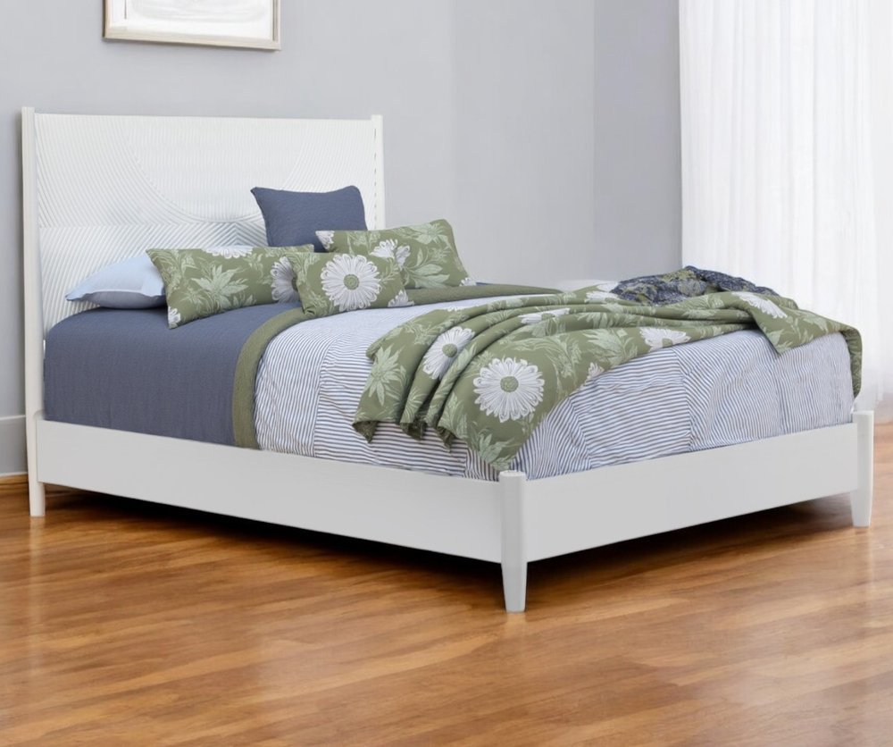 White Carved Geometric Solid Wood King Bed Frame