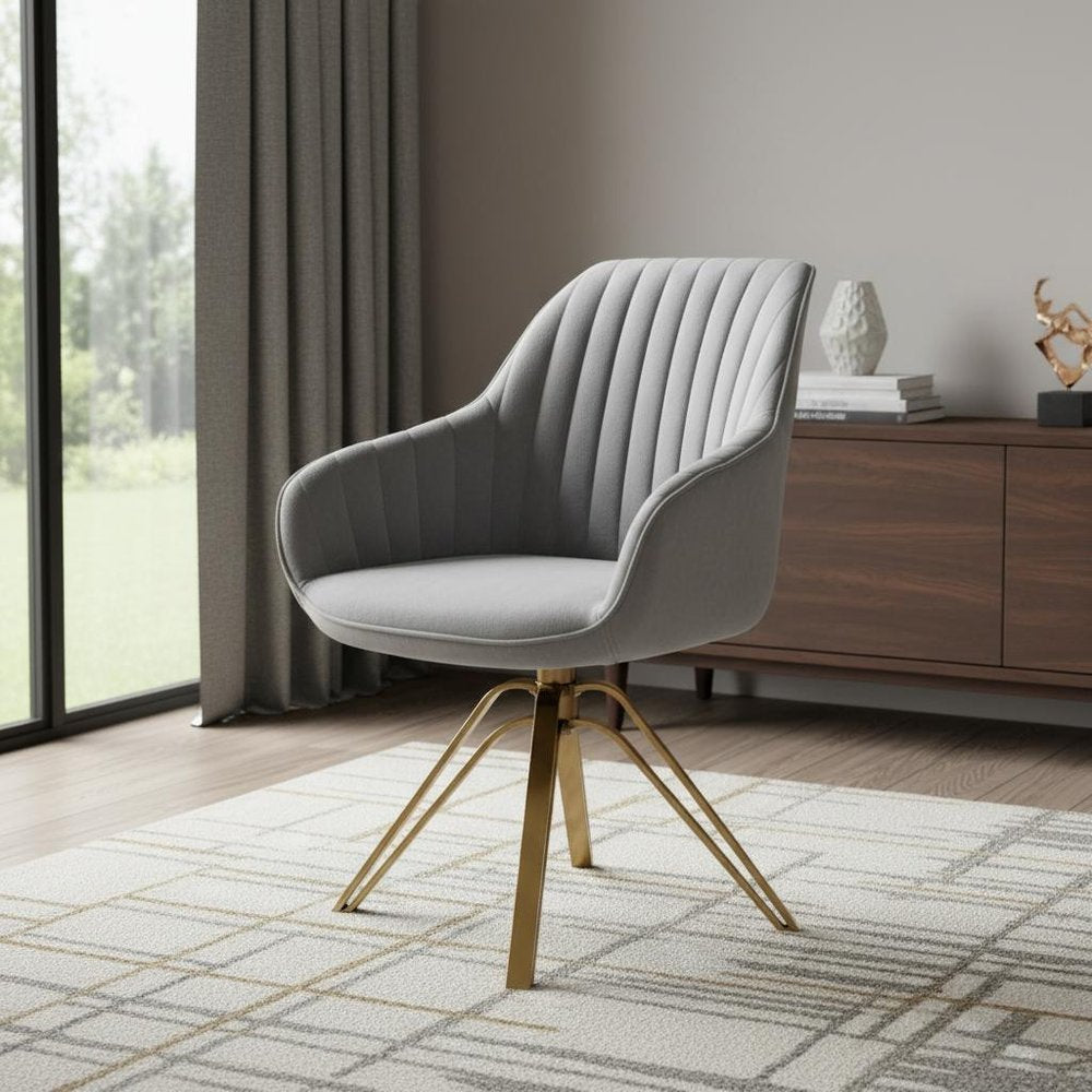23" Gray Velvet And Gold Swivel Arm Chair
