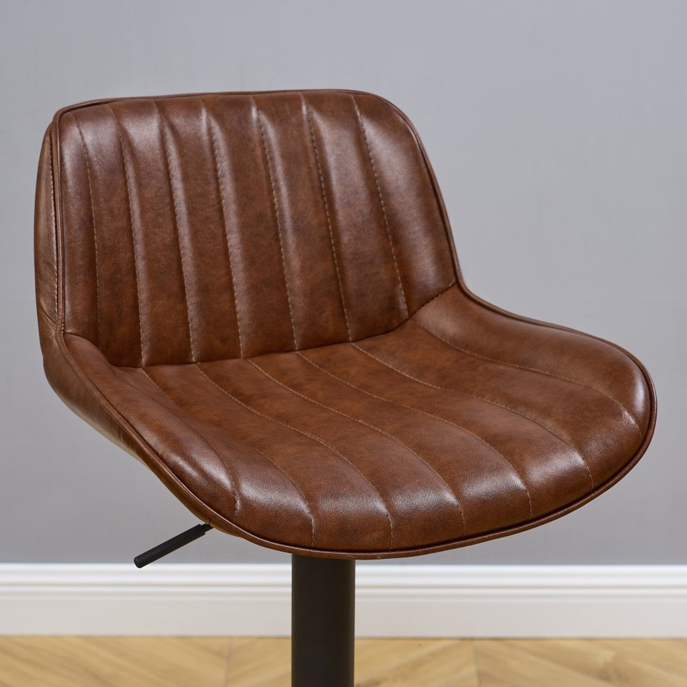Set of Two Chestnut And Black Faux Leather And Steel Low Back Adjustable Height Swivel Bar Chairs